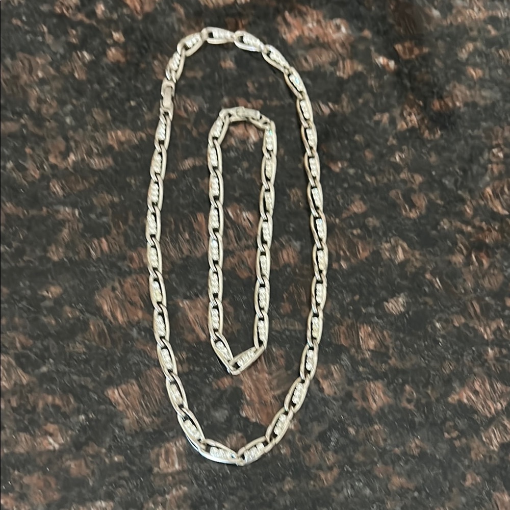 Silver Chain Necklace and bracelet or anklet set with rhinestones. 2 pieces.